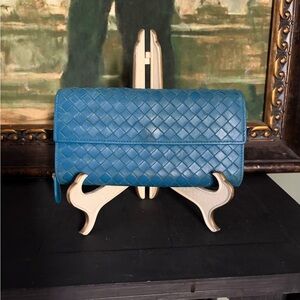 Bottega Veneta Intrecciato Woven Aqua Blue Flap Wallet